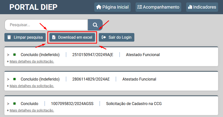 Imagem demonstrando onde encontrar 
                                o botão de donwload da planilha excel